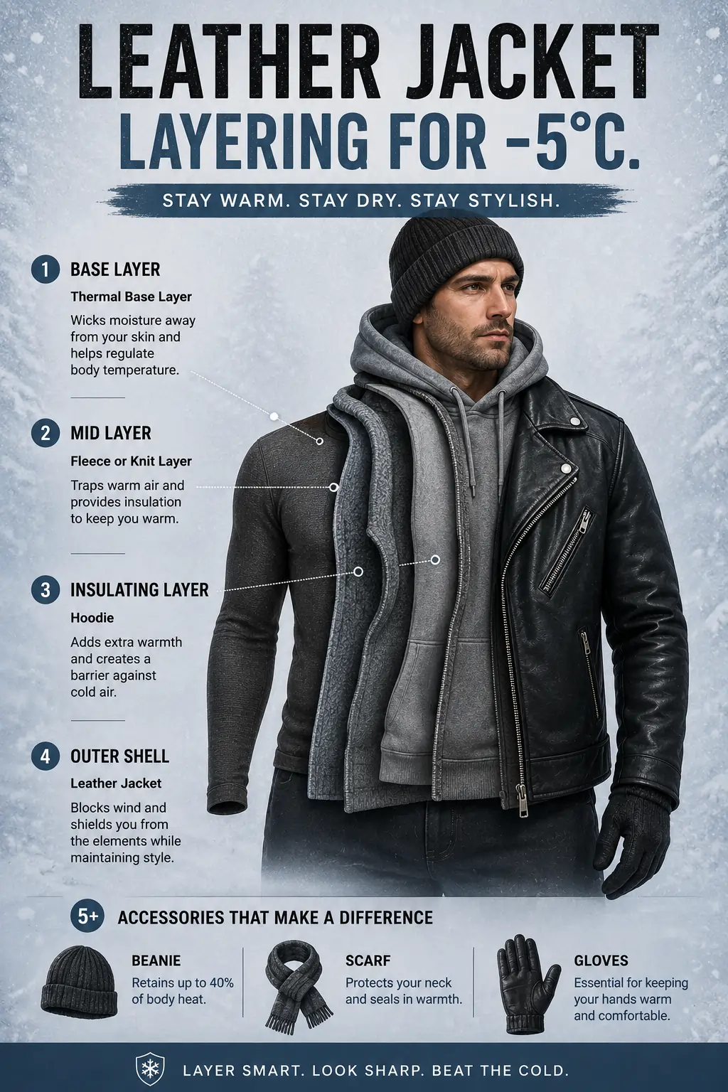 Infographic showing a labeled leather jacket layering stack for -5°C weather